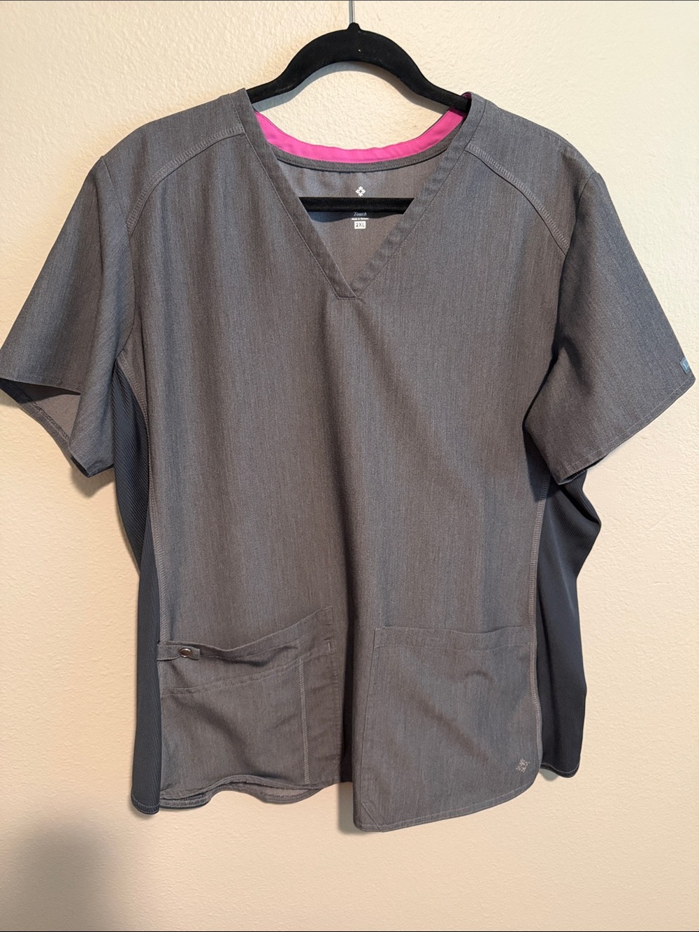 Med Couture Grey Scrub Top and Jogger Bottoms with Pink Neckline Accent